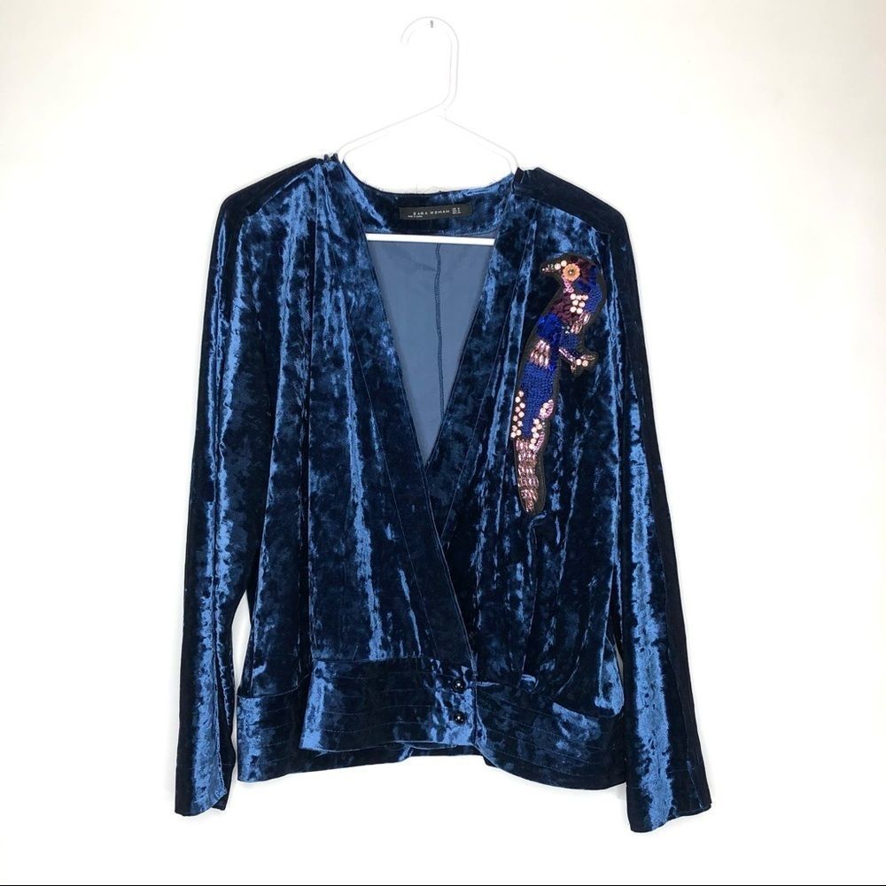 Zara Woman Blue Velvet Kimono Sequin Bird Top Women's Size Medium
